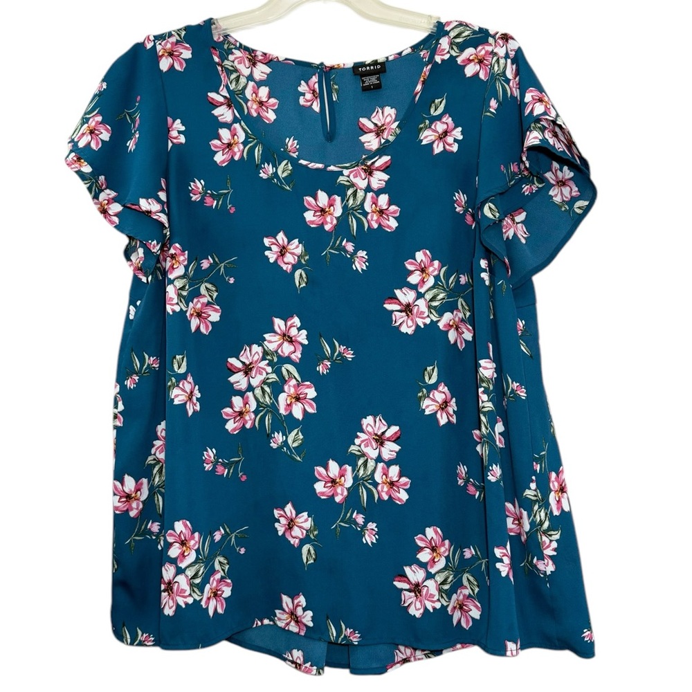 Torrid teal blue pink green white floral Georgette short sleeve top size 1X